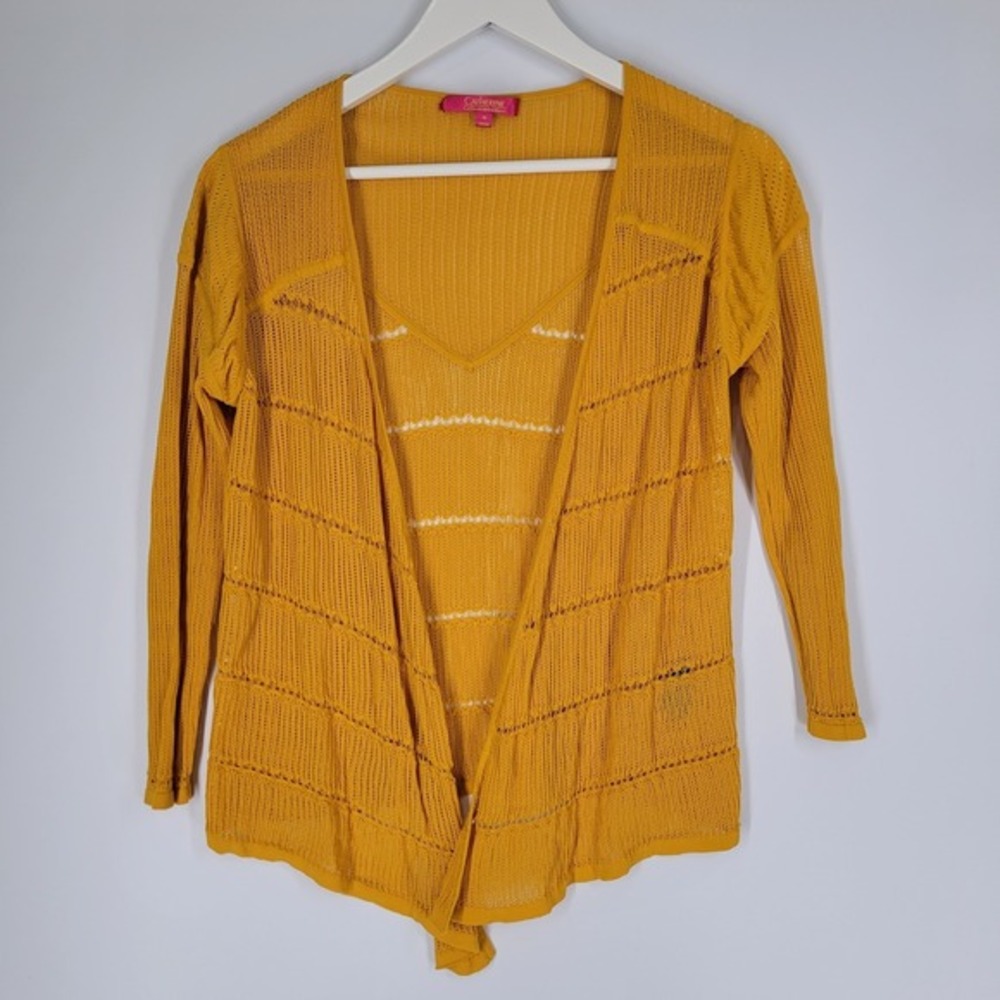 Catherine Malandrino Women's Mustard Yellow Open Knit Cardigan M Boho Cottage